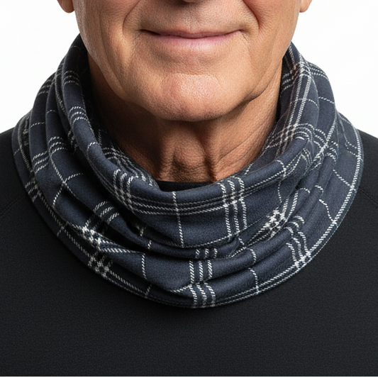 Navy plaid headgear worn around an elderly man’s neck