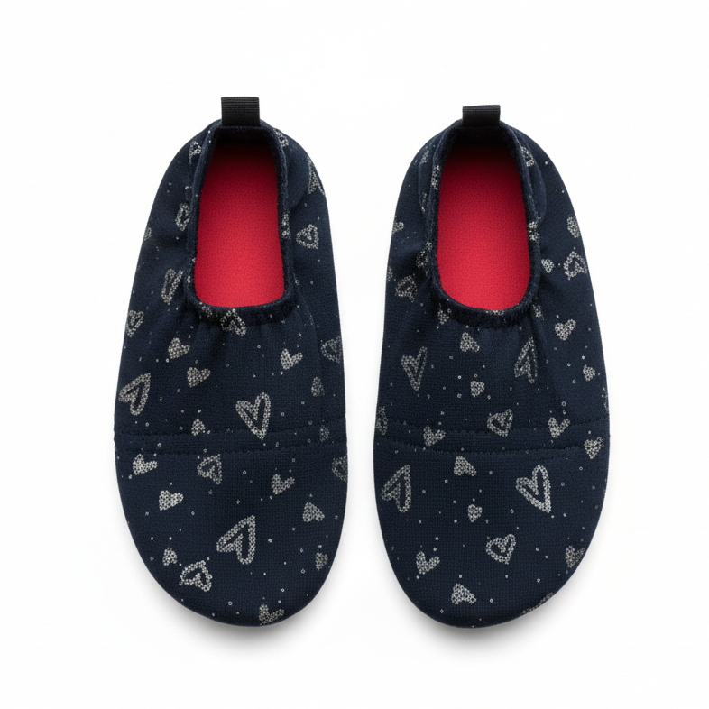 Navy shoes with silver hearts on white background