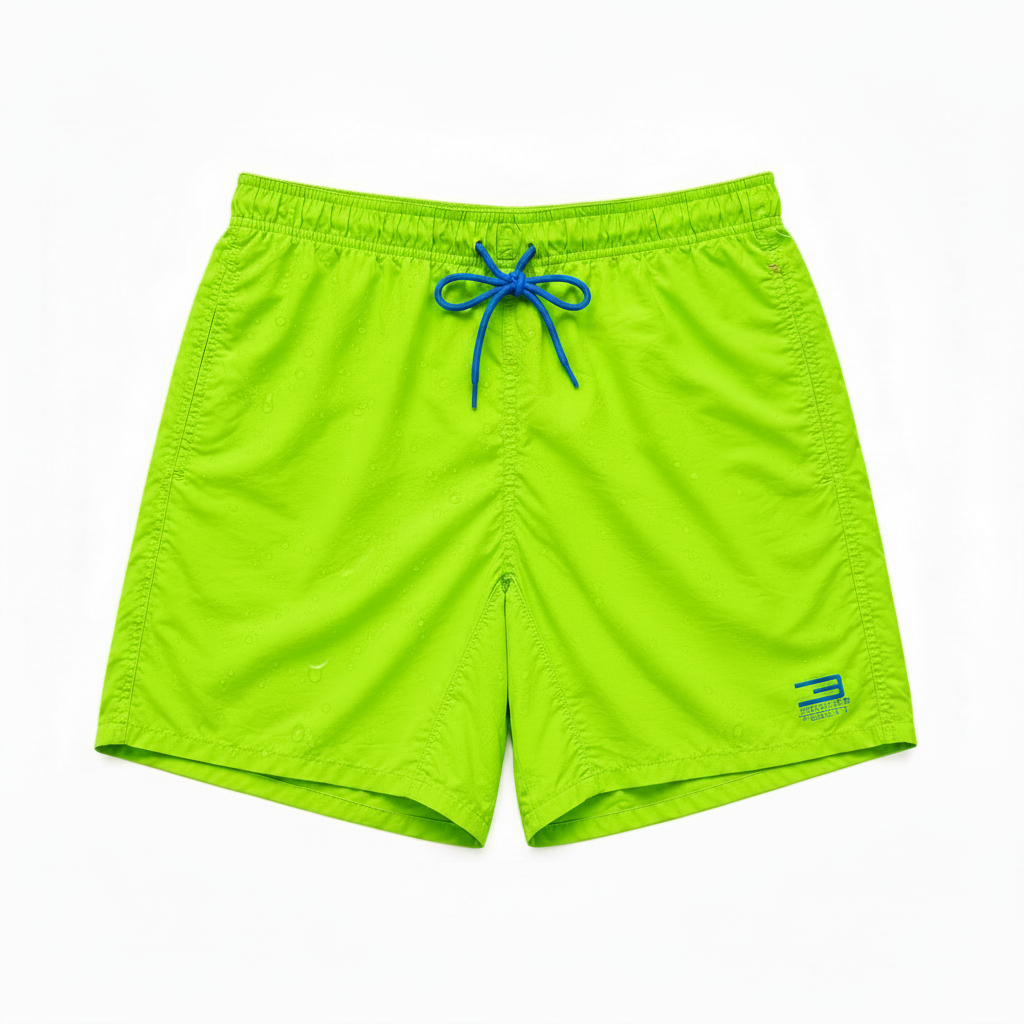Neon green shorts with blue drawstring