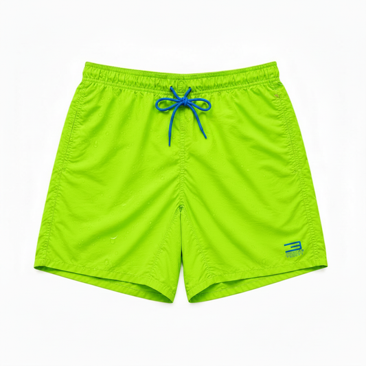 Neon green shorts with blue drawstring