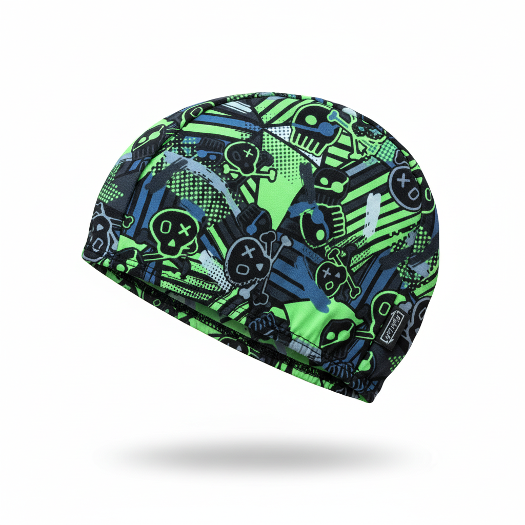 Neon skull patterned lycra cap - left side floating view
