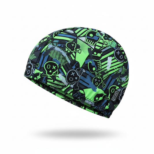 Neon skull patterned lycra cap - left side floating view