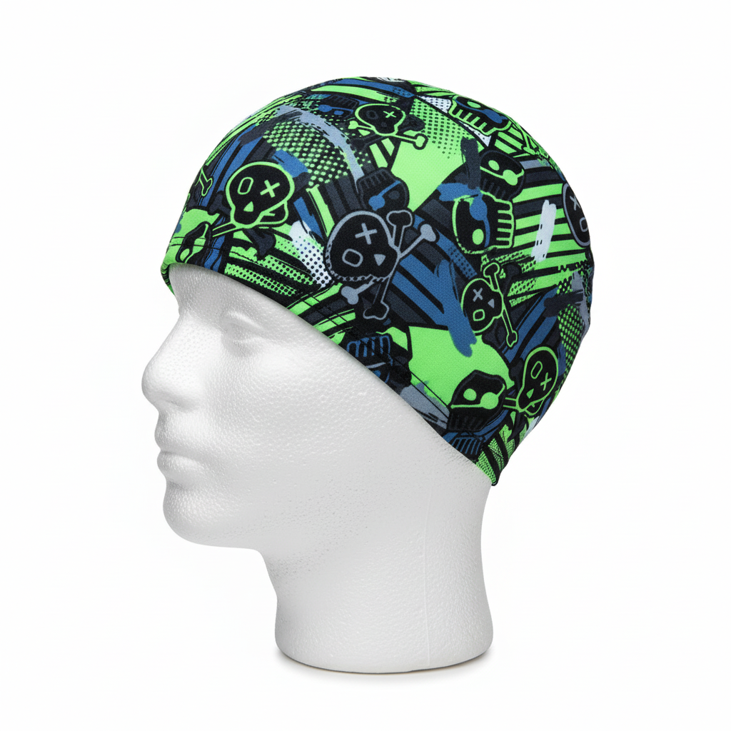 Neon skull patterned lycra cap on mannequin - left side view