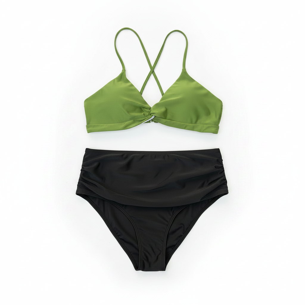Olive Green & Black Bikini Set White Background