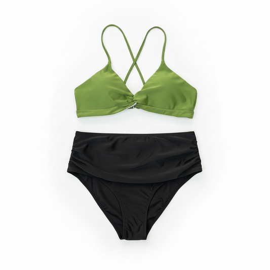 Olive Green & Black Bikini Set White Background