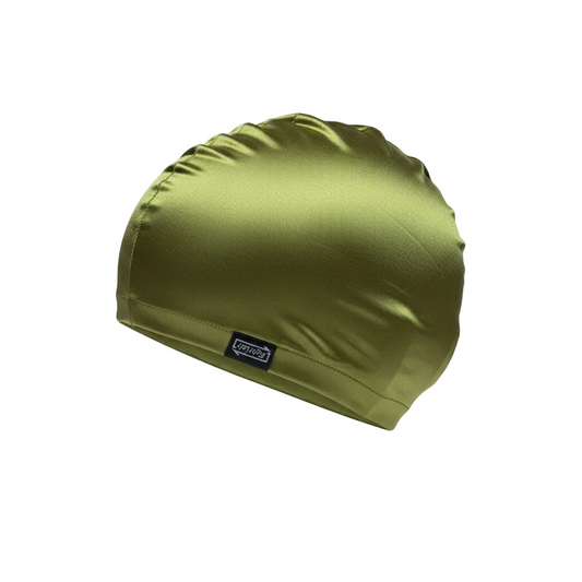 Olive green lycra cap - left side floating view