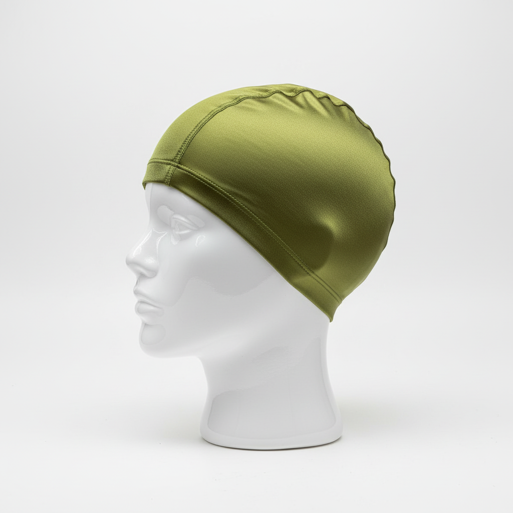 Olive green lycra cap on mannequin - left side view