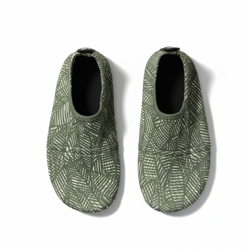 Olive green patterned water shoes on white background