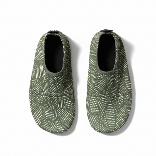 Olive green patterned water shoes on white background