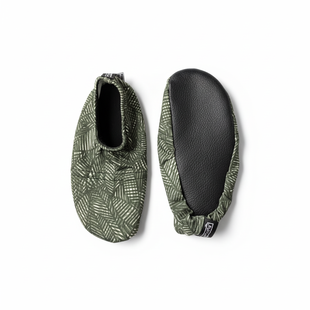 Olive green patterned water shoes top and bottom view on white background