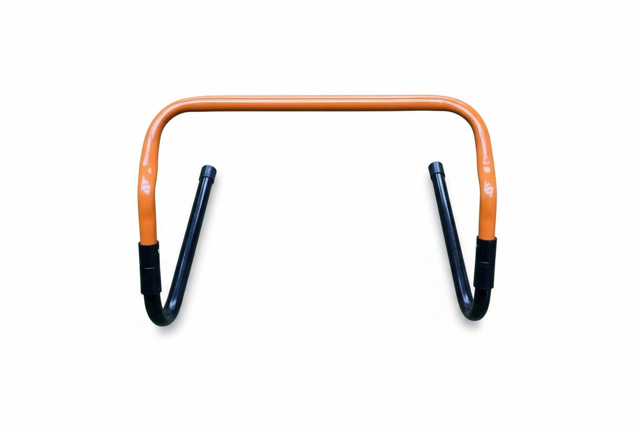 Orange agility hurdle long black feet white background