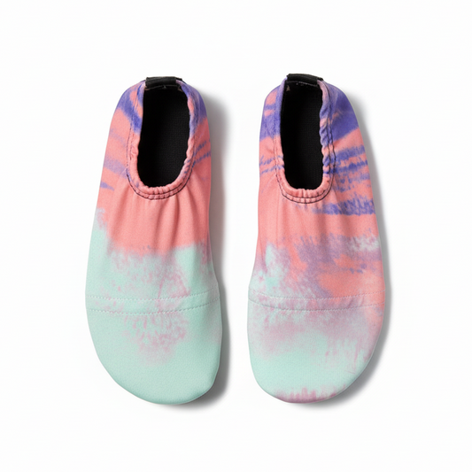 Pastel tie-dye water shoes on white background