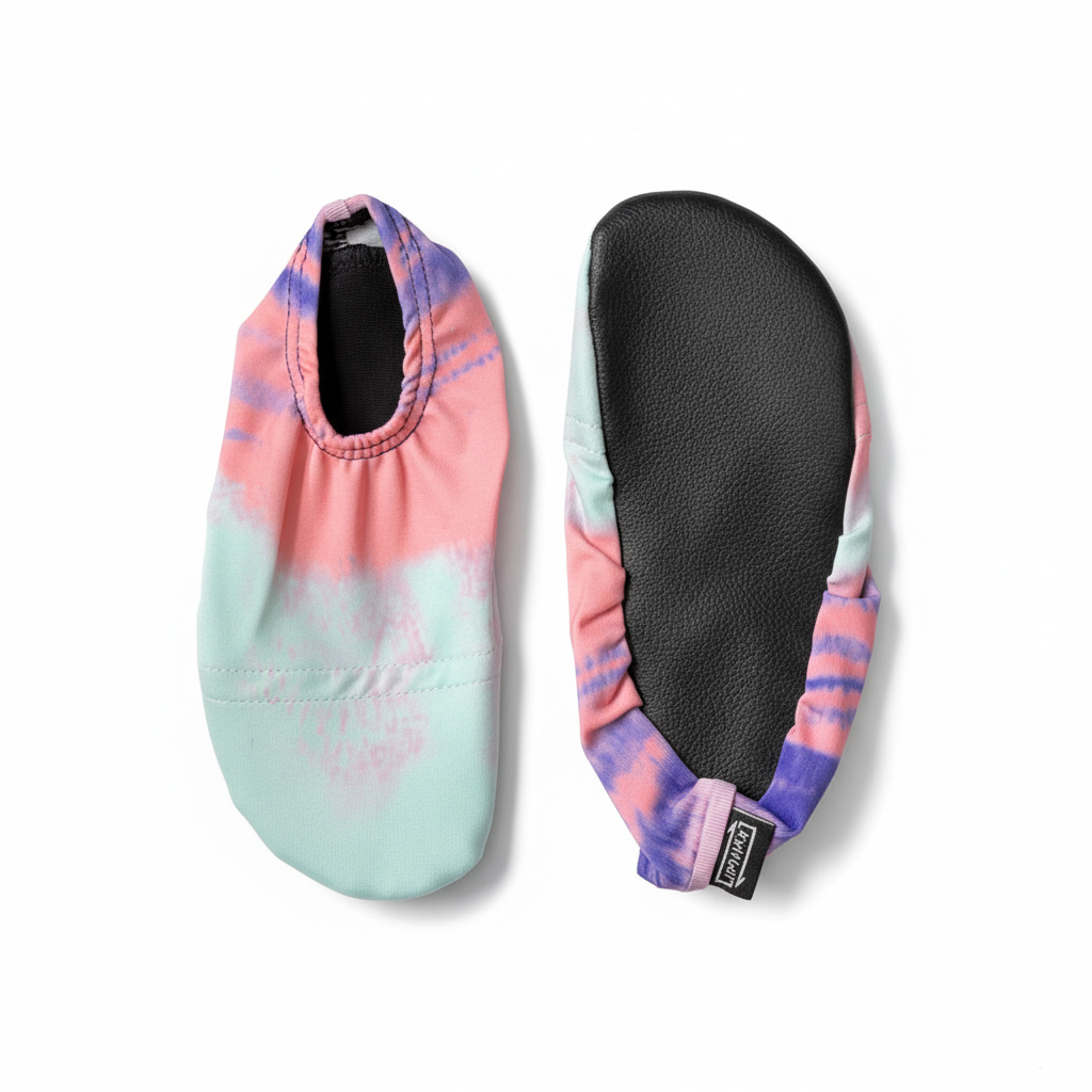 Pastel tie-dye water shoes top and bottom view on white background