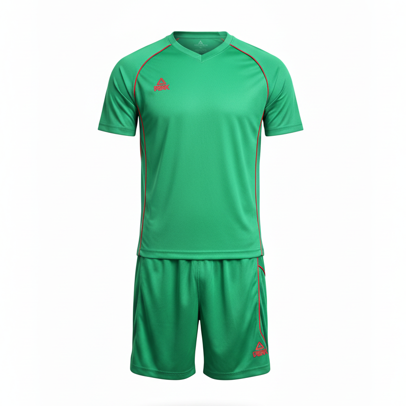 PEAK Green & Red Uniform – Ghost Mannequin Front View
