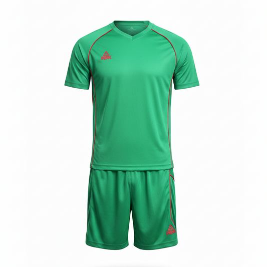PEAK Green & Red Uniform – Ghost Mannequin Front View