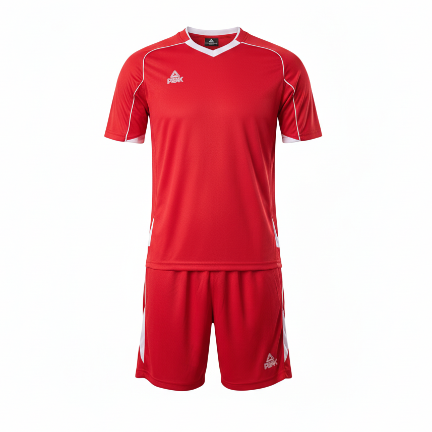 PEAK Red & White Uniform - Ghost Mannequin Front View White Background