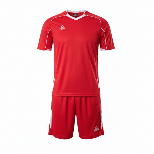 PEAK Red & White Uniform - Ghost Mannequin Front View White Background