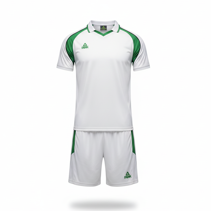 PEAK White & Green Polo-Style Uniform – Ghost Mannequin Front View