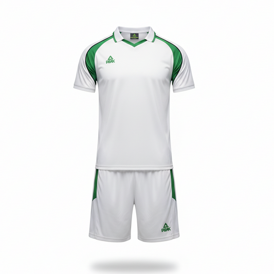 PEAK White & Green Polo-Style Uniform – Ghost Mannequin Front View