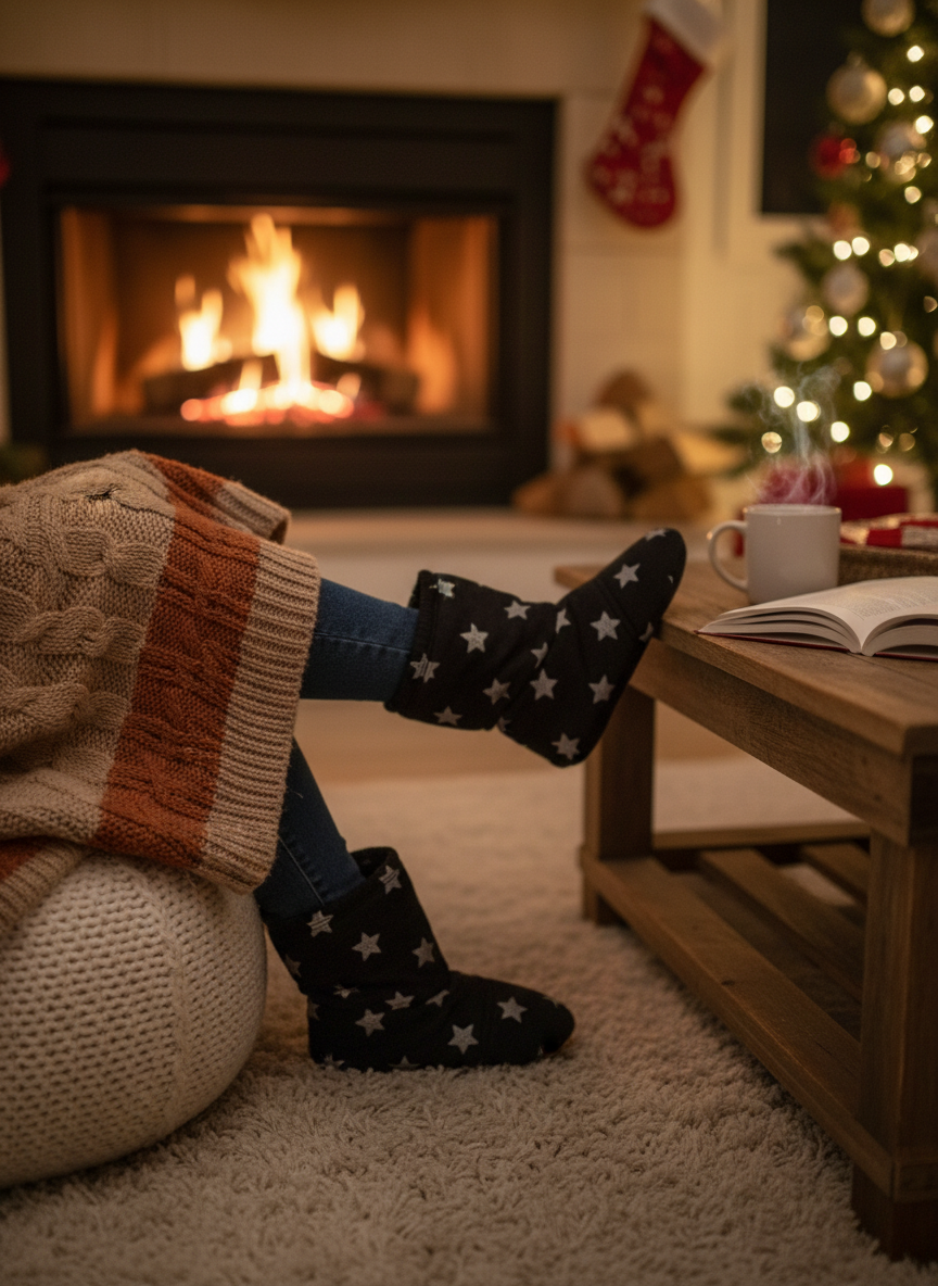 Fluffy Stars Slippers Black
