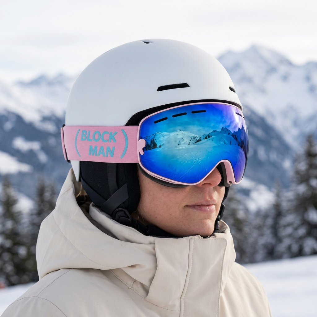 Pink and blue goggles worn by a skier in a snowy alpine setting