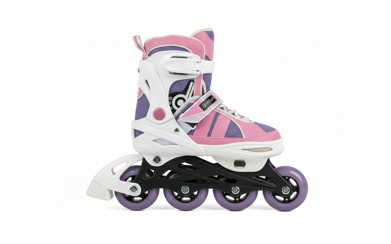 Pink and purple roller skates side angle