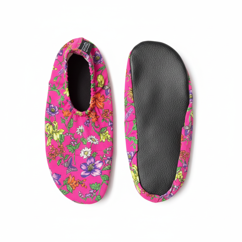 Pink floral shoes with sole view on white background
