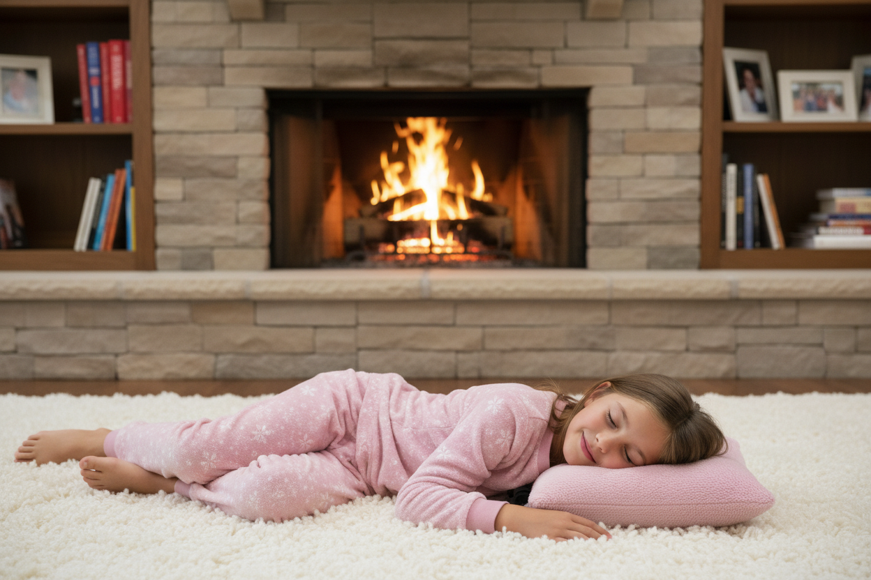 Pink furr pillow - 9 year old girl near fireplace