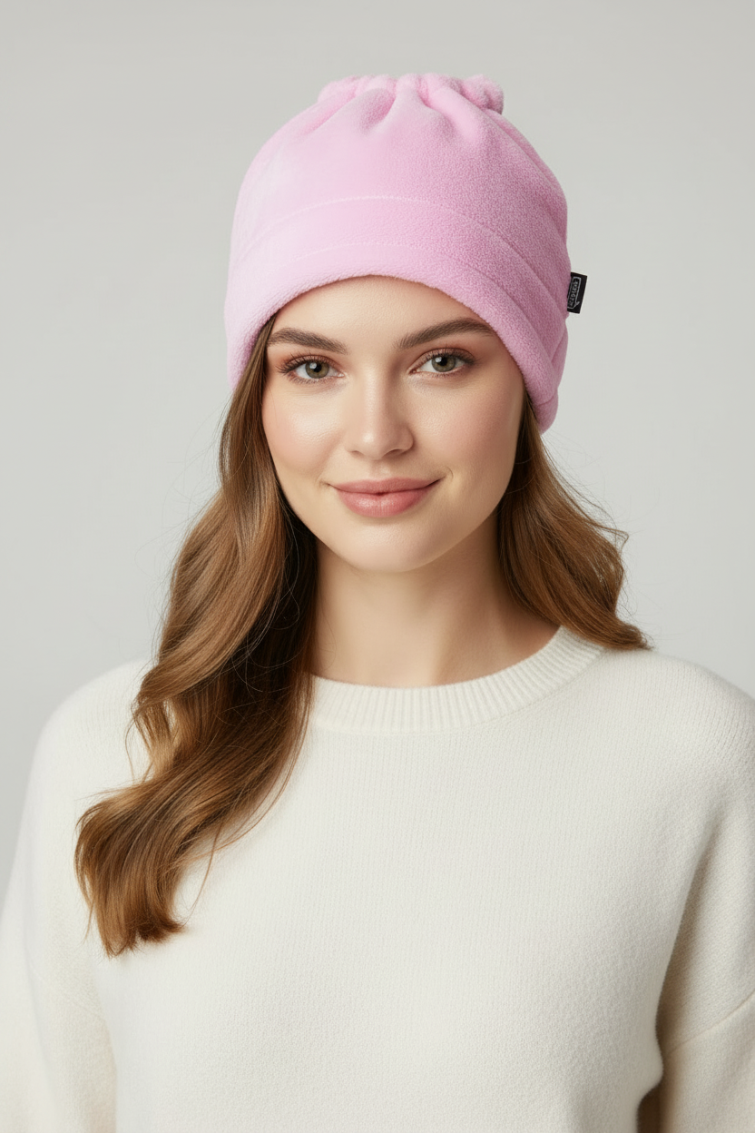 Pink headgear with a shorter drawstring