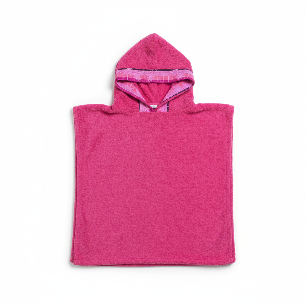 Pink hooded towel poncho flat lay on white background