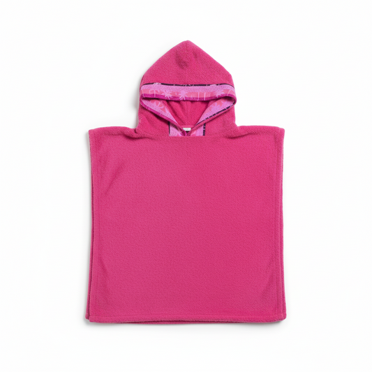 Pink hooded towel poncho flat lay on white background