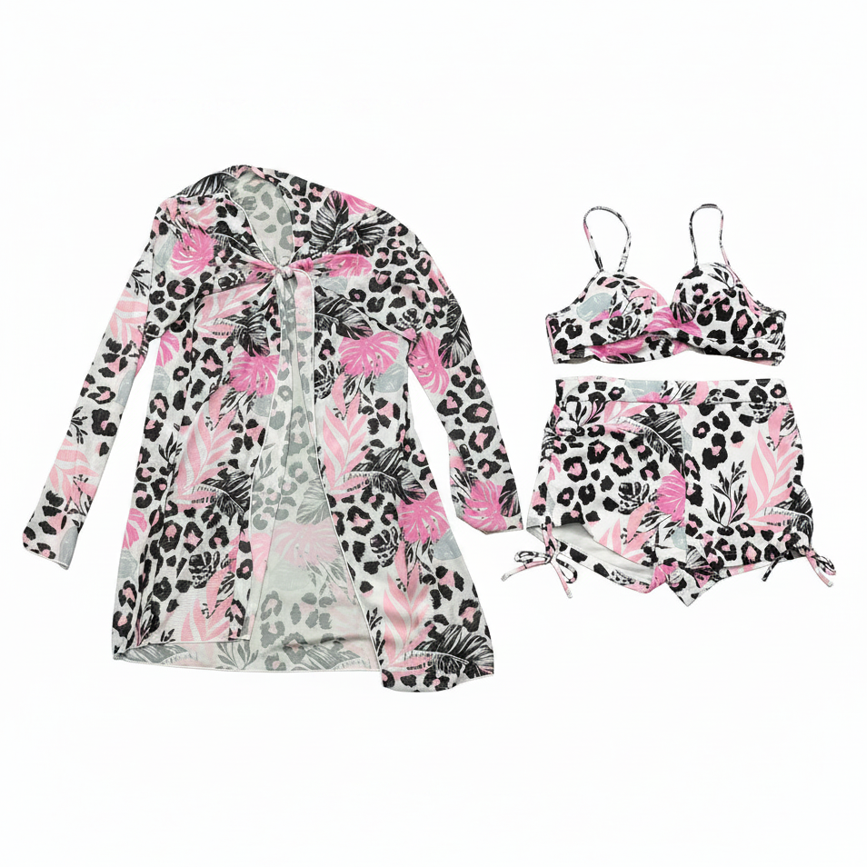 Pink Leopard Tropical Swimsuit Set White Background