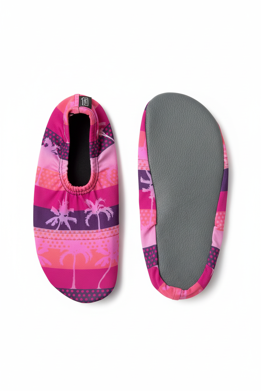 Pink palm tree water shoes - top and bottom view