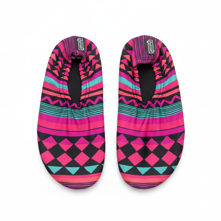 Pink patterned water shoes on white background