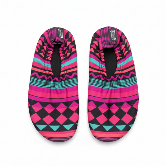Pink patterned water shoes on white background