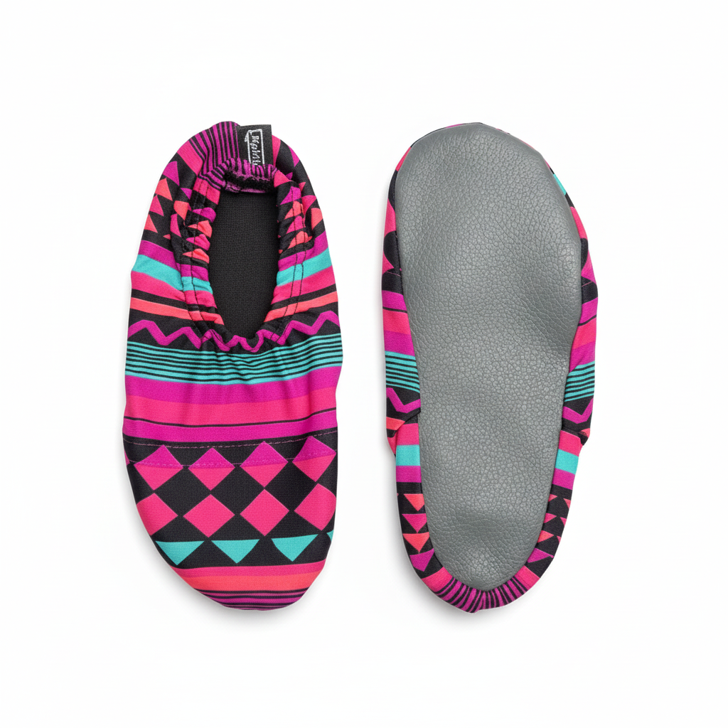 Pink patterned water shoes with sole view on white background