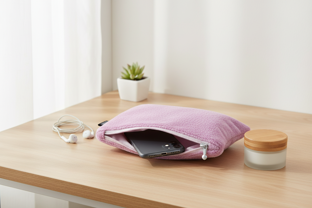 Pink pouch with phone and cream storage