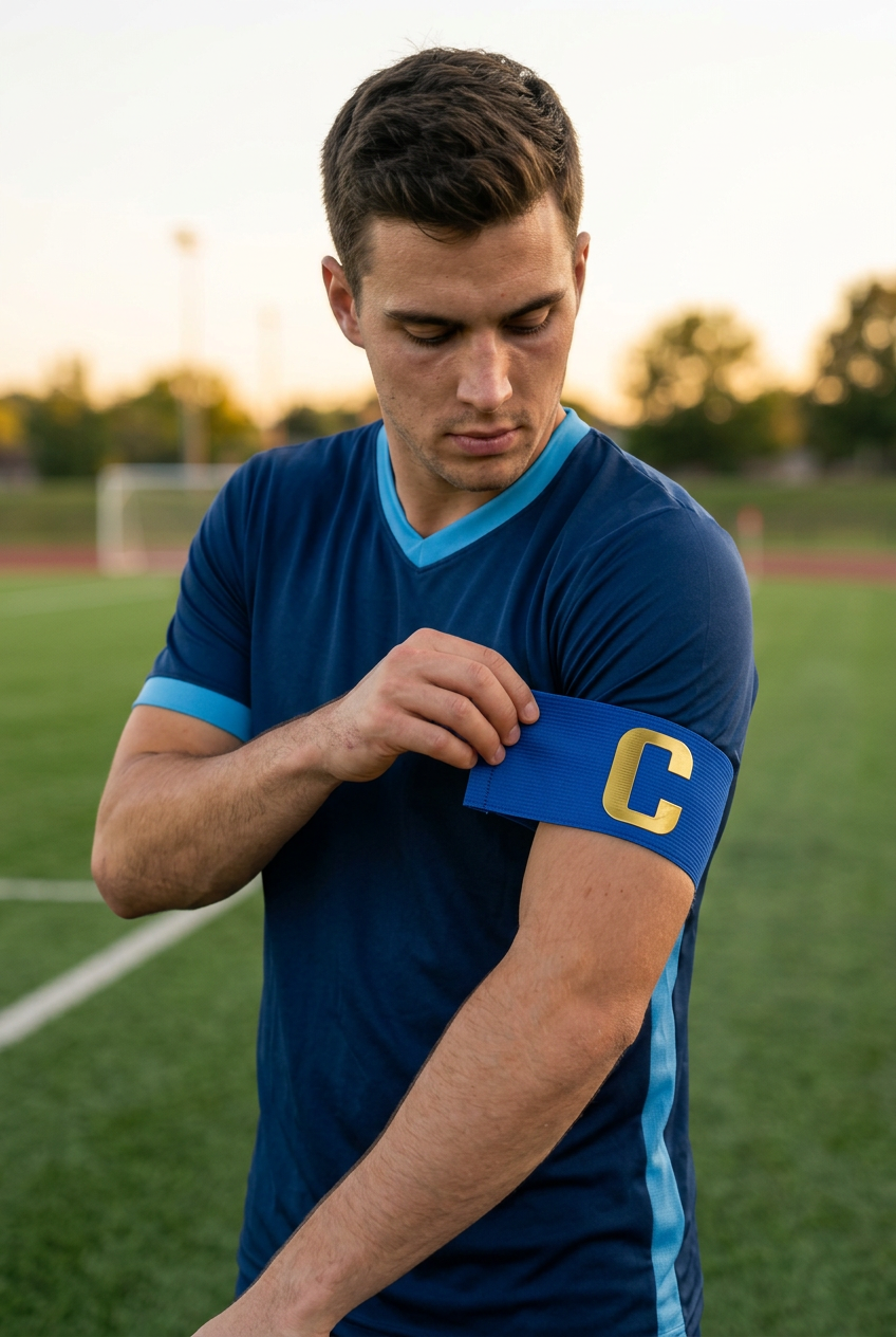 Player wearing the blue captain’s armband with a gold C