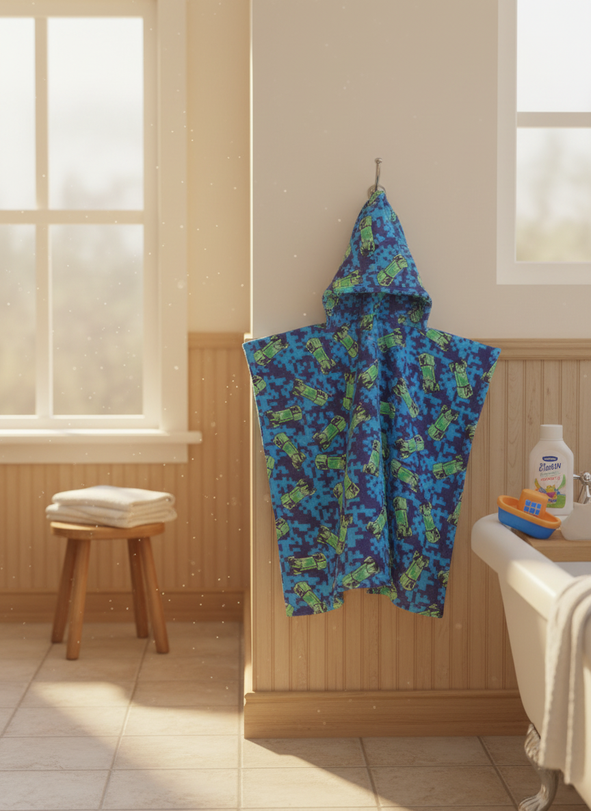 Poncho towel hanging in bathroom