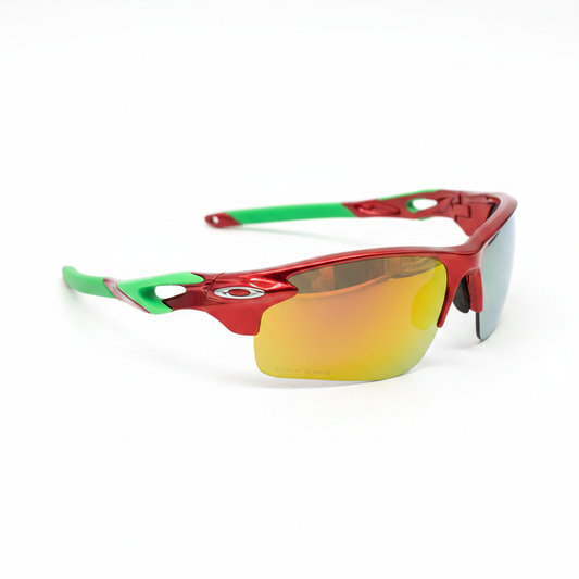 Pro product photo of red and green Oakley sport sunglasses