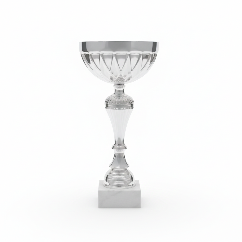 Product photo with white background - silver trophy with geometric cutouts