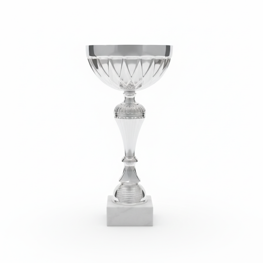 Product photo with white background - silver trophy with geometric cutouts