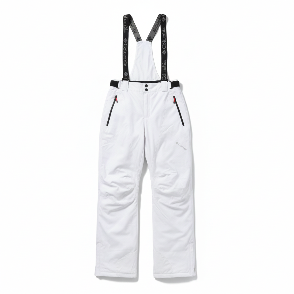 Product photo with white background - white Columbia ski pants