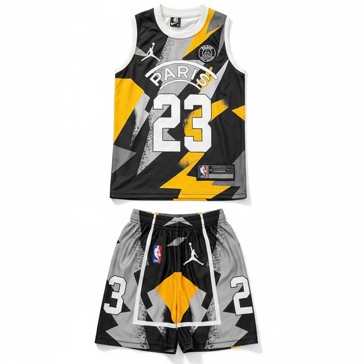 PSG Jordan basketball uniform set on white background