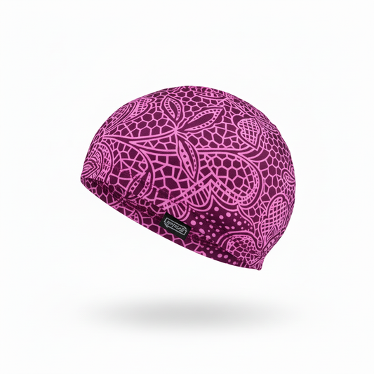 Purple paisley lycra cap - left side floating view