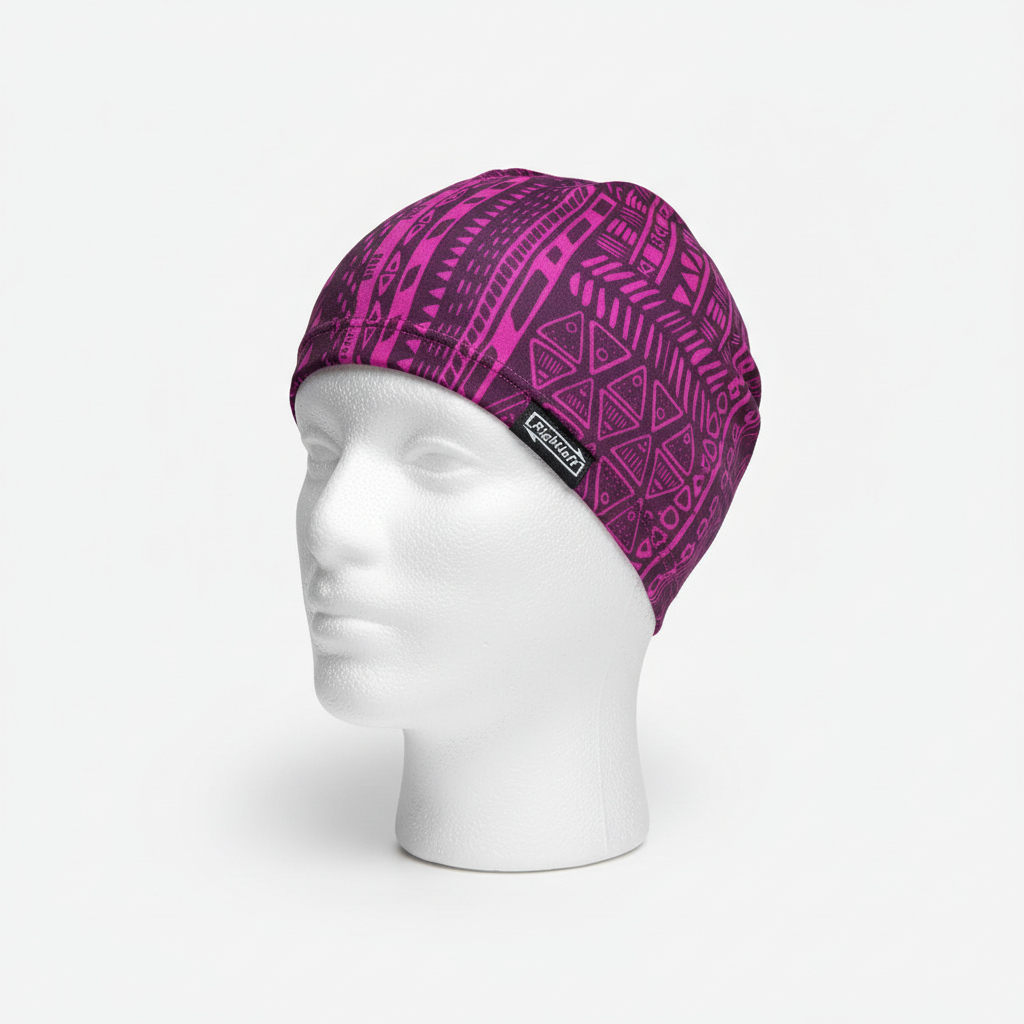 Purple Patterned Lycra Cap on Mannequin - Rightleft Brand View