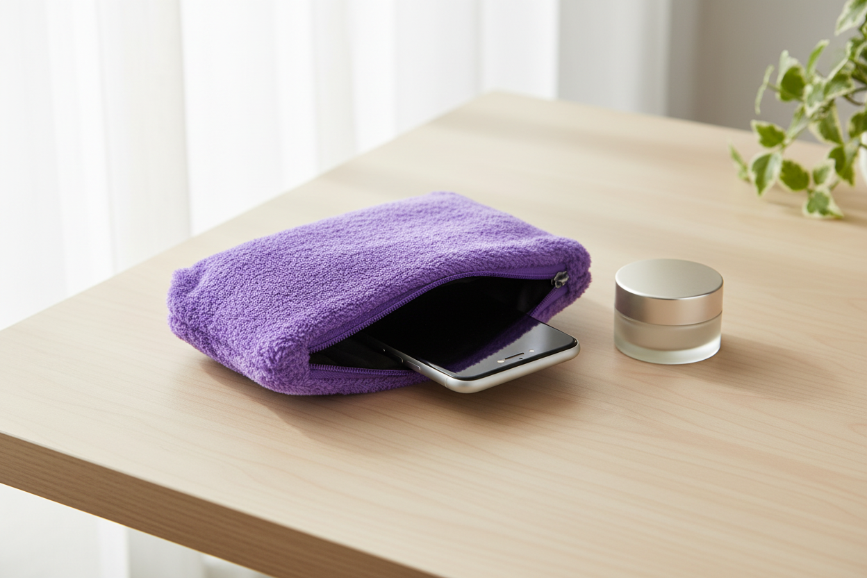 Purple pouch with phone and cream storage