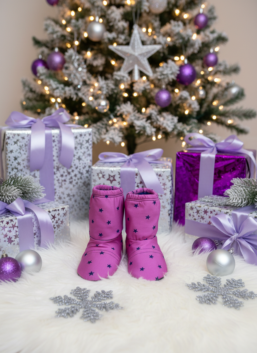 Purple star boots with Christmas tree and gifts