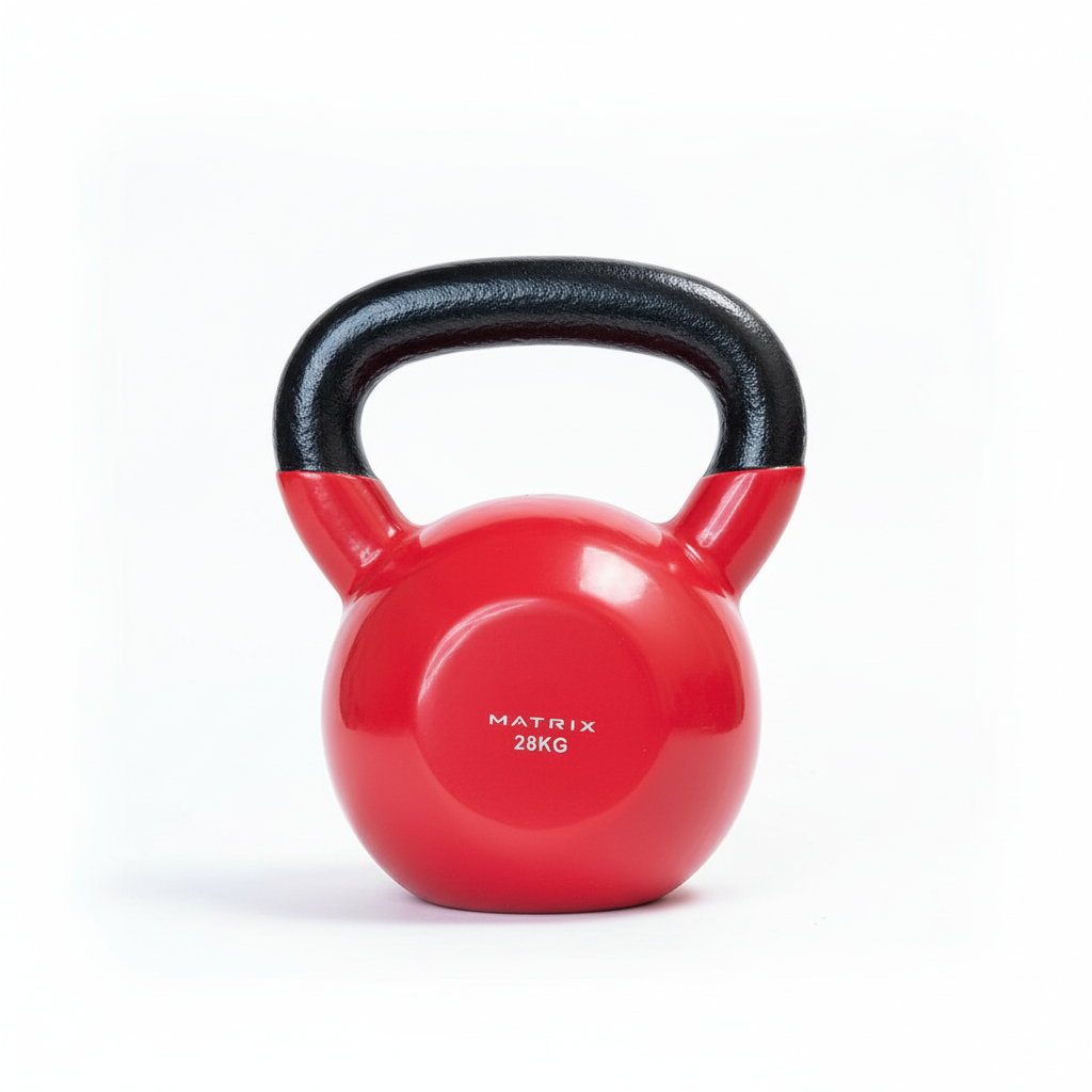 Red 28kg Matrix kettlebell on white background