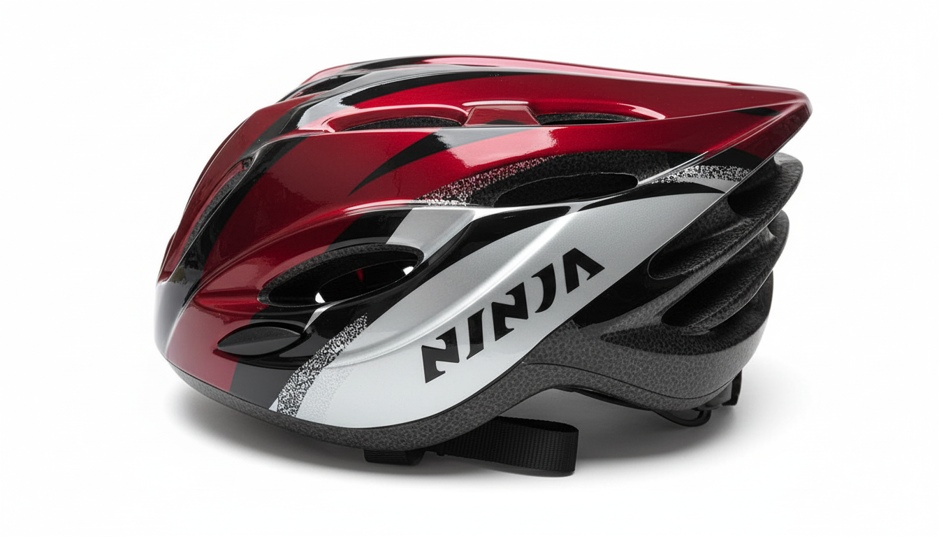 Red and black Ninja helmet side view on white background